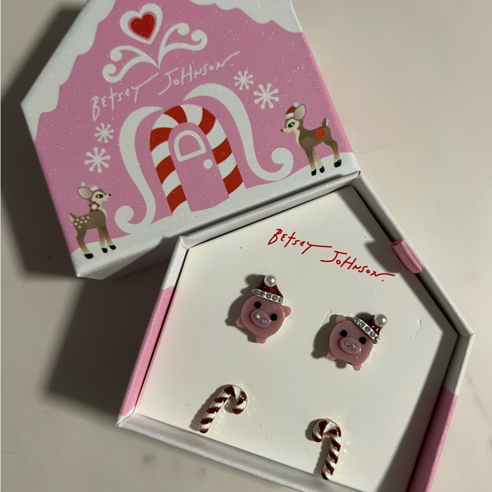 Betsey Johnson Pink Pig and Candy Cane Earrings